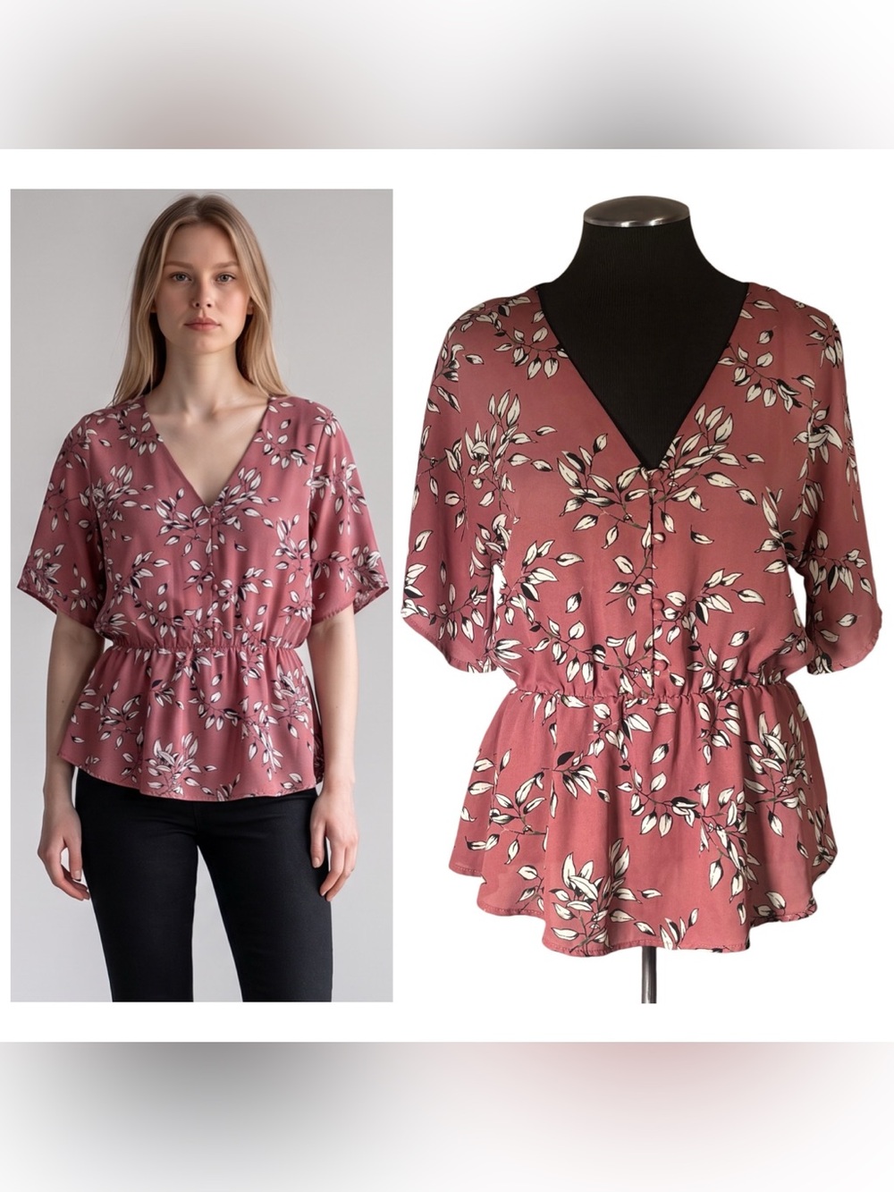 🆕 Sienna Sky – Floral Leaf Dolman Sleeve V-Neck Peplum Top – Large